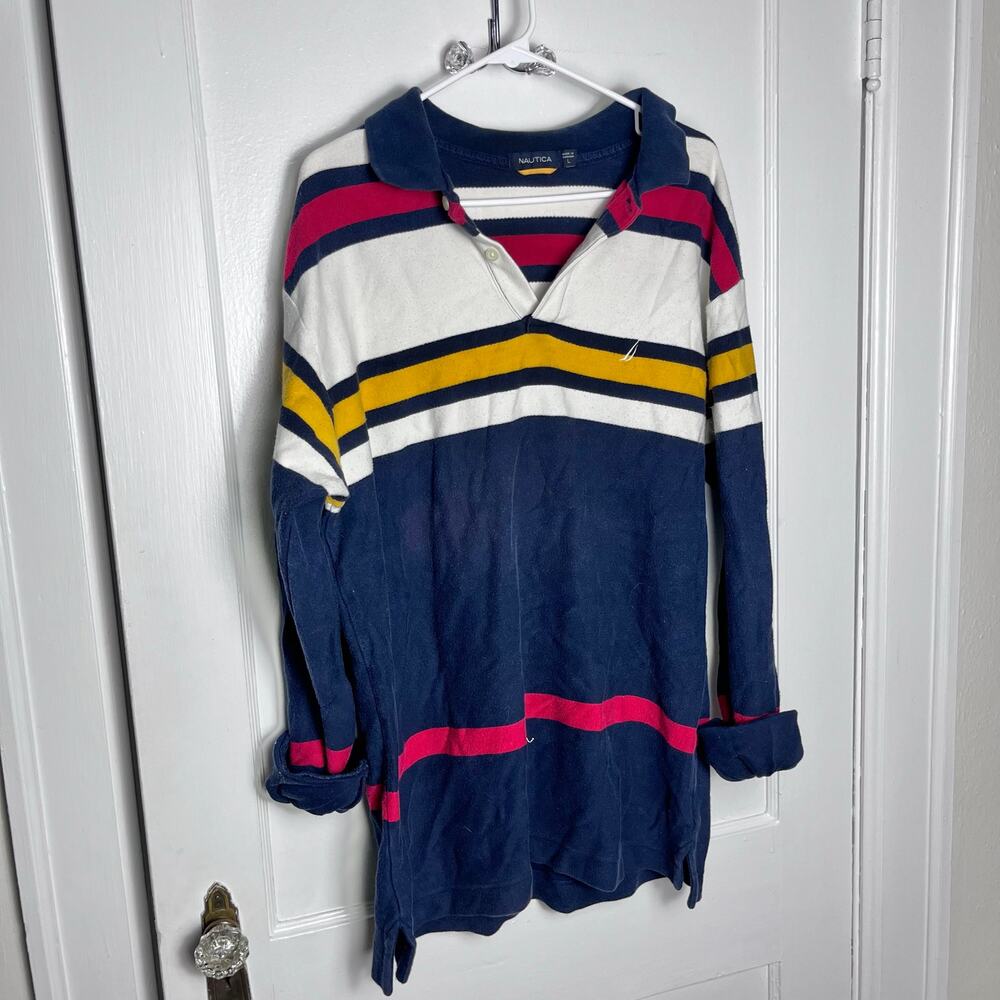 VTG Nautica Rugby Shirt L Made Canada Navy Multicolor Stripe Long Sleeve Polo